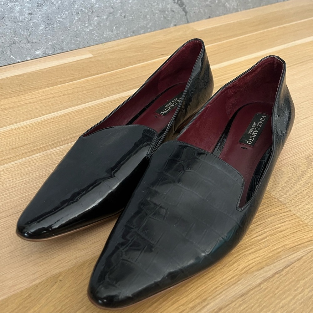 Vince Camuto Black Patent Leather Croc Embossed Loafers